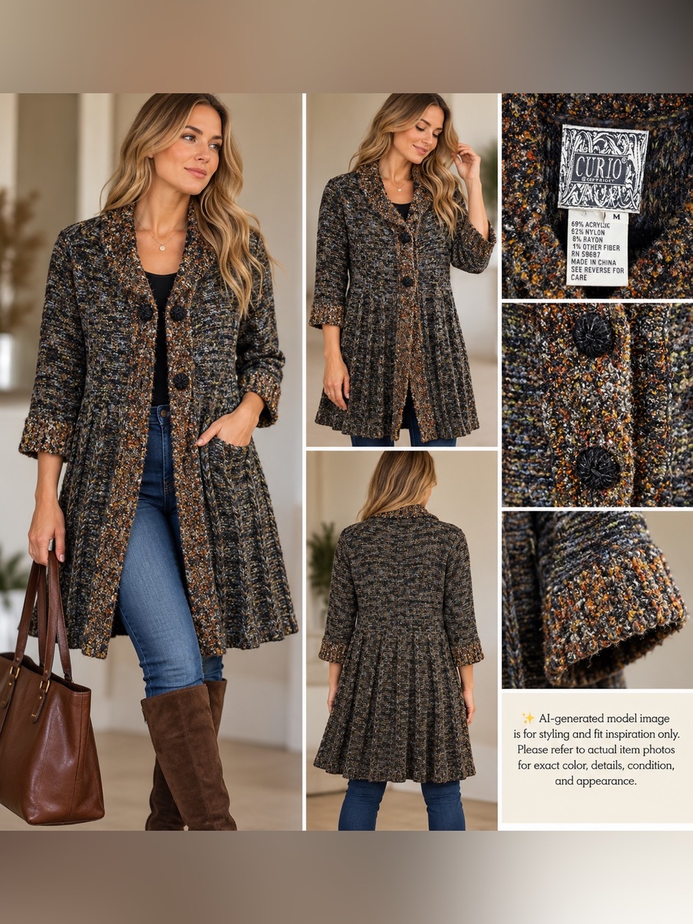 Curio Vintage Knit Long Cardigan Sweater Coat Medium Cottagecore Academia